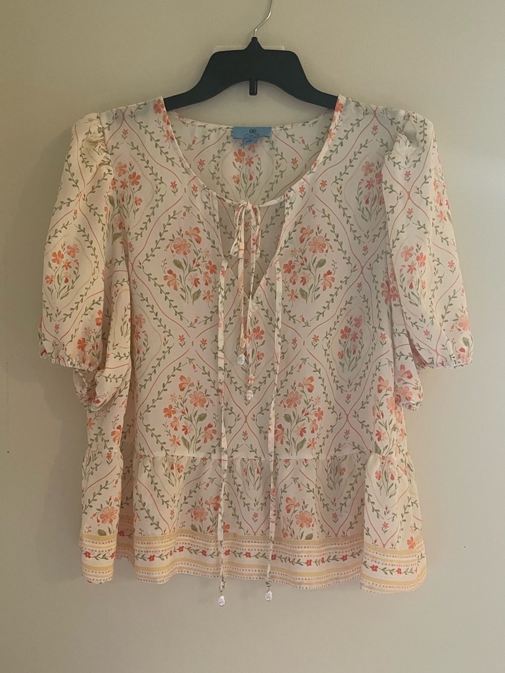 Cream Floral Tie-Front Peasant Top